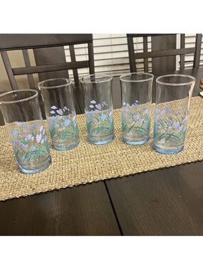 Retro Vintage  Libbey 1970’s Set 5 Floral Drinking Glasses